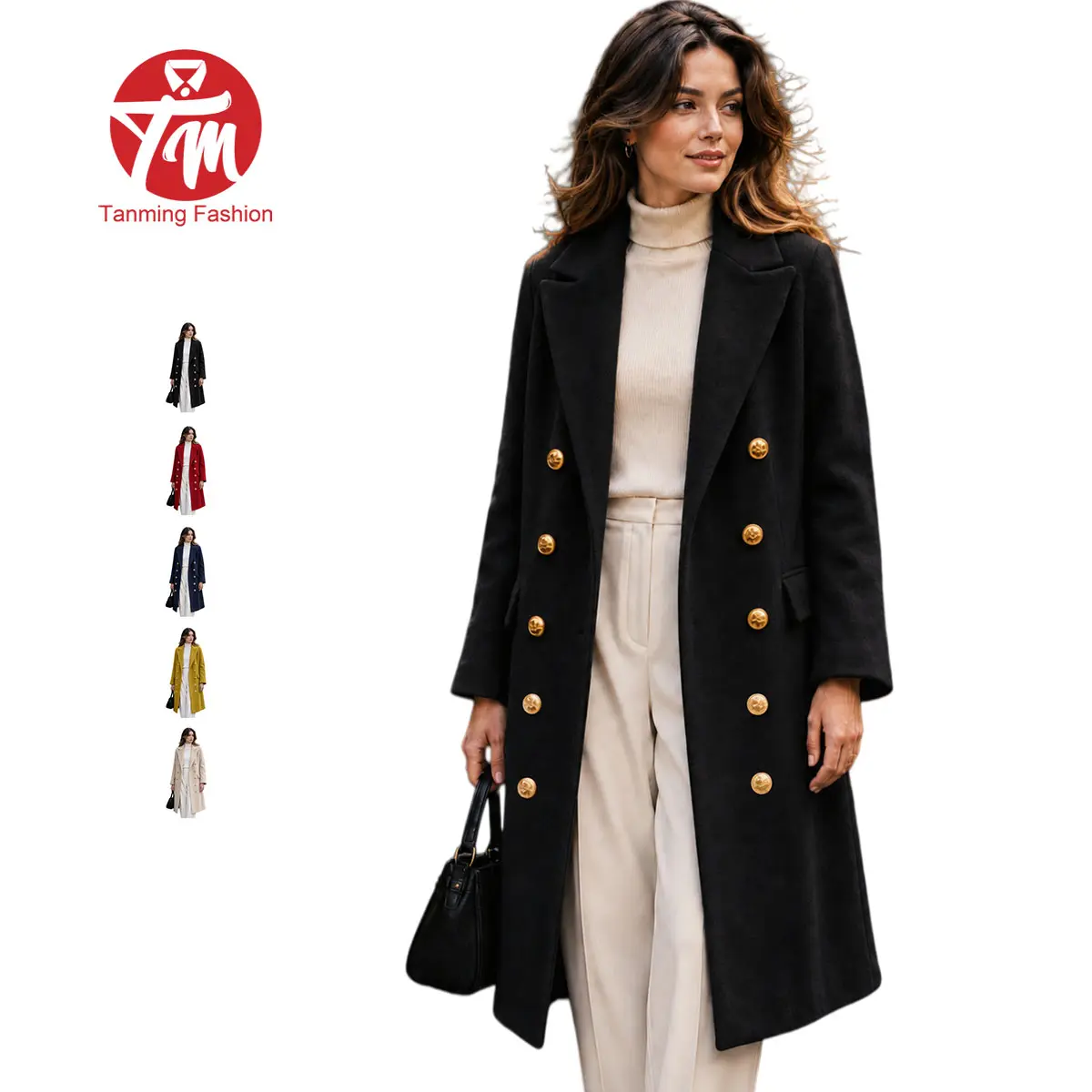 Tanming Womens Fall Winter Wool Blend Coat Double Breasted Midi Peacoat Long Trench Jacket Classic Elegant Outerwear Casual Warm Coat Womenswear Tops Fitted Basic