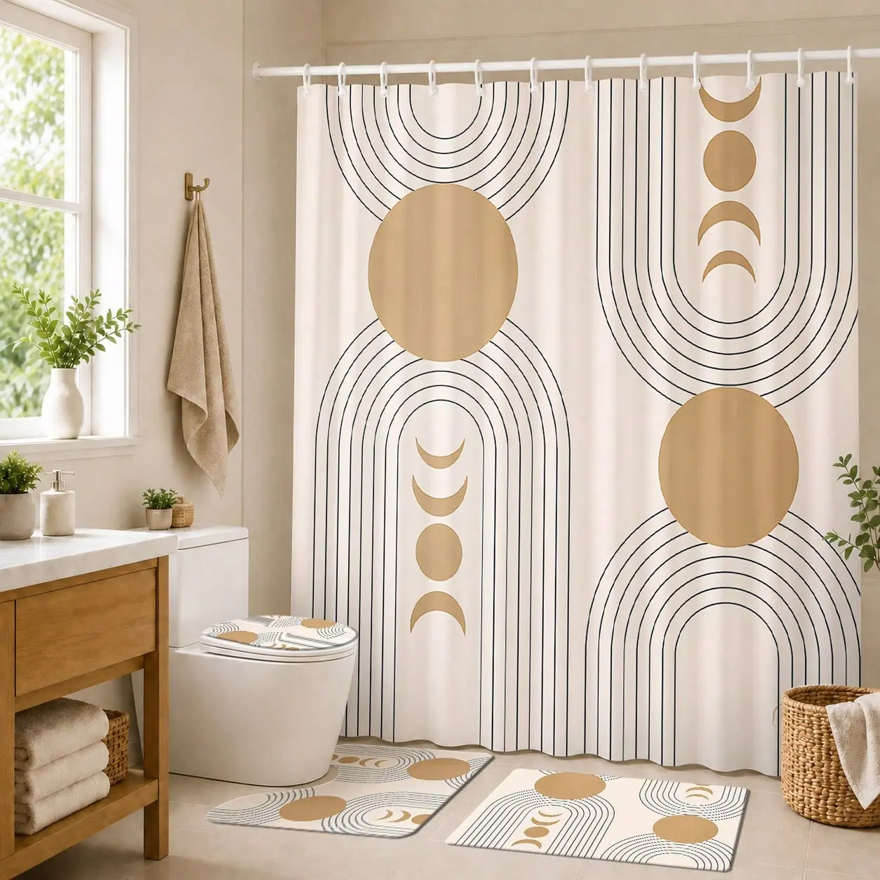 1/3/4pcs Boho Gold Sun Pattern Bathroom Set - Shower Curtain, Bath Mat, U-Shaped Toilet Lid Cover, Waterproof Shower Curtain, Fashionable Decorative Curtain, Modern Style Bathroom Partition Curtain, No Drill Required