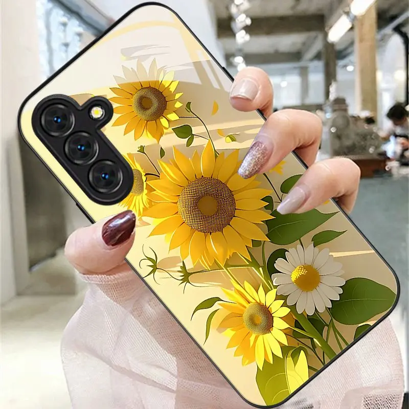 Sunflower and daisy print phone case, suitable for Samsung Galaxy A14 A15 A16 A23 A24 A25 A26 A32 A34 A35 A36 A52 A53 A54 A55 A56 S21/S22/S23/S24/S25/S26 FE/Plus/Ultra, anti-drop tempered glass protective case