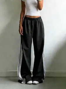 American Style Plain Side Stripe Sporty Long Pants, Women's Daily Streetwear, Four-Stripe Design, Suitable for All Seasons, Sports Casual Pants, Athleisure Style Bottoms