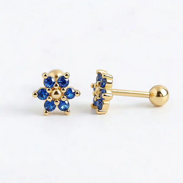 Women's 925 Sterling Silver & Gold Zirconia Earrings, 3D Floral Flowery Geometric Design, Dainty Stud Huggie Jewelry for Luxury Daily Wear, 3D Floral Earrings