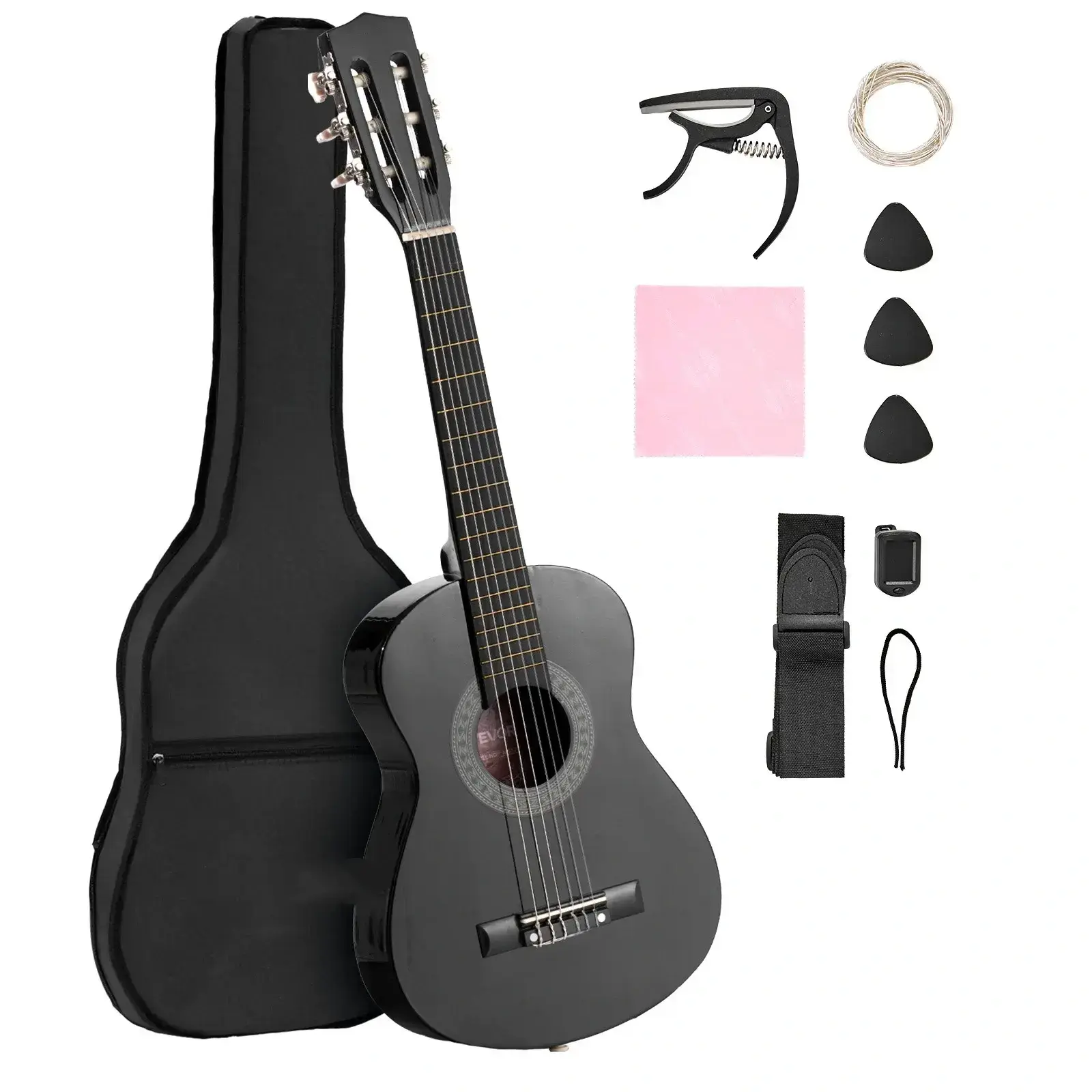 30-Inch Basswood Classical Guitar Starter Kit for Beginners - Nylon Strings, Gig Bag, Strap, Tuner, Extra Strings, Picks, Capo, Black (Ideal for Kids Students)