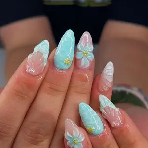 24pcs Almond Press-On Nails, Tiffany Blue Ocean Wave, Shell, Flower, Accent, Reusable, Multiple Sizes, Easy to Wear, Nail Extension Diy