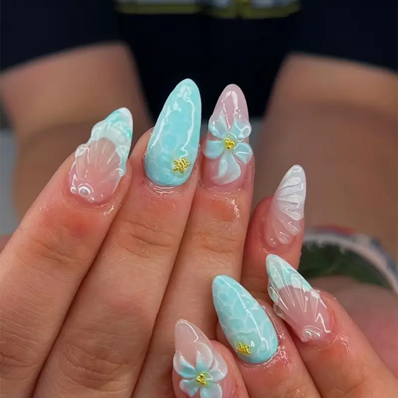 24pcs Almond Press-On Nails, Tiffany Blue Ocean Wave, Shell, Flower, Accent, Reusable, Multiple Sizes, Easy to Wear, Nail Extension Diy, Nail Set