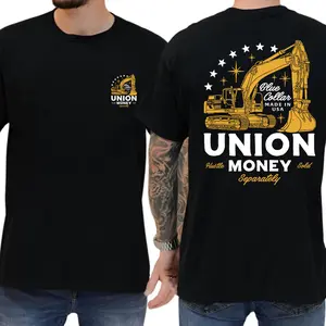 Women's Classic Short-Sleeve Crewneck Round Neck Union Money Blue Collar T-Shirt - Made in USA Construction Excavator Print Work Shirt, Heavy Equipment Operator Unisex Cotton Gift, Hustle Sold Separately
