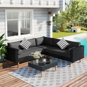 Aobtkel®<old sku:="" fg201221aae="">GO 4-pieces Outdoor Wicker Sofa Set, Patio Furniture with Colorful Pillows, L-shape sofa set, Gray cushions and Black Rattan</old>#Summervibes