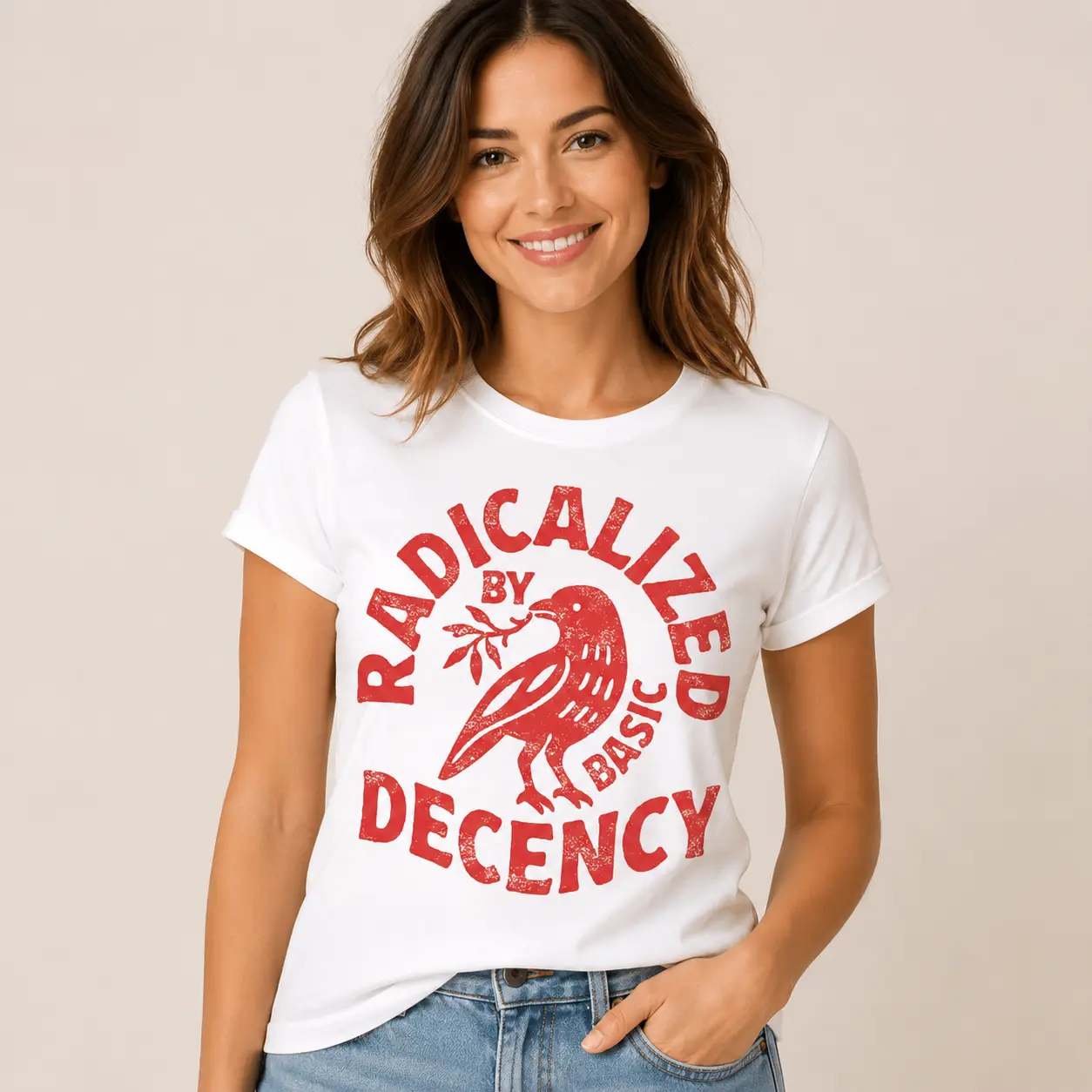 Unisex Vintage Graphic T-Shirt with Radicalized By Basic Decency Print, Feminist & Social Justice Apparel, Ideal Gift for Activists