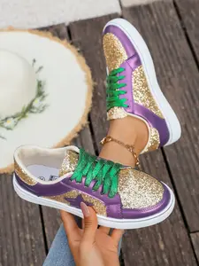 Women's Glitter Colorblock Star Casual Sneakers, Low Top Lace-Up Design, Bright and Versatile, Perfect for Festive Outings