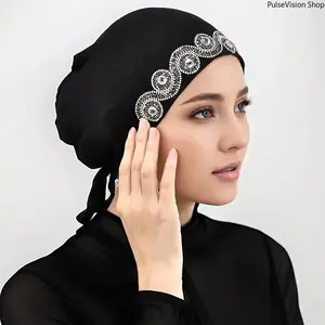 Breathable Windproof Hijab Hat with Rhinestone, Solid Color Scarf for Prayer