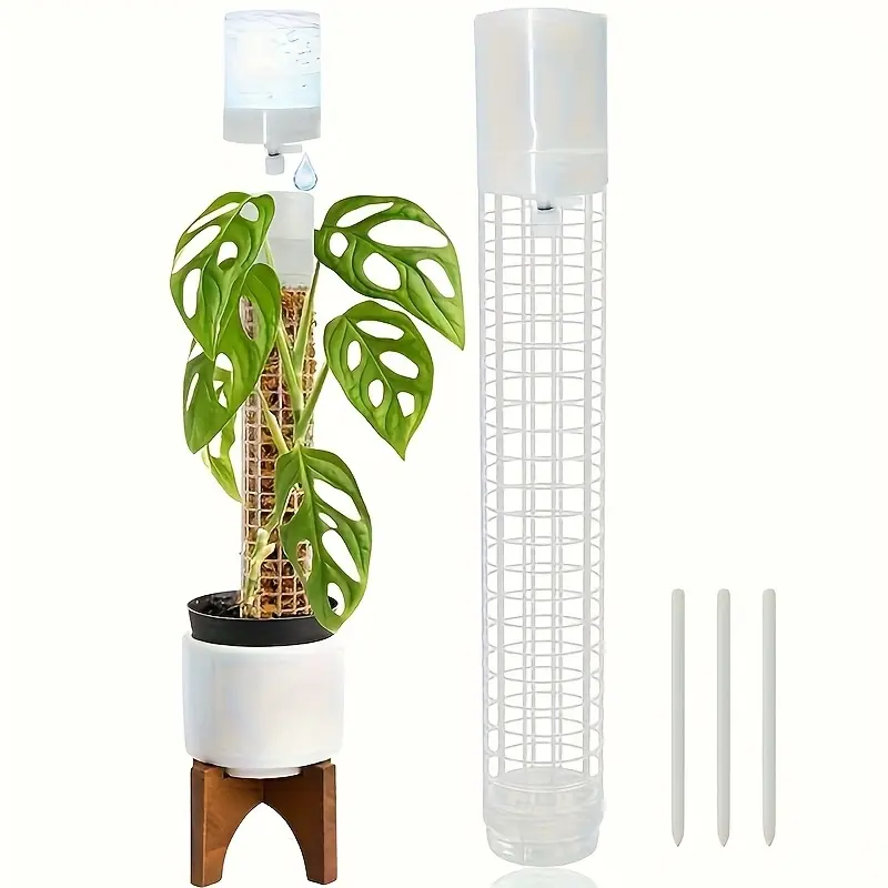 Stackable Plastic Moss Poles with Adjustable Flow Self-Watering Device, Plant Watering System, Net Design for Climbing Plants, Easy Installation, Plant Stake, Trellis for Potted Plants