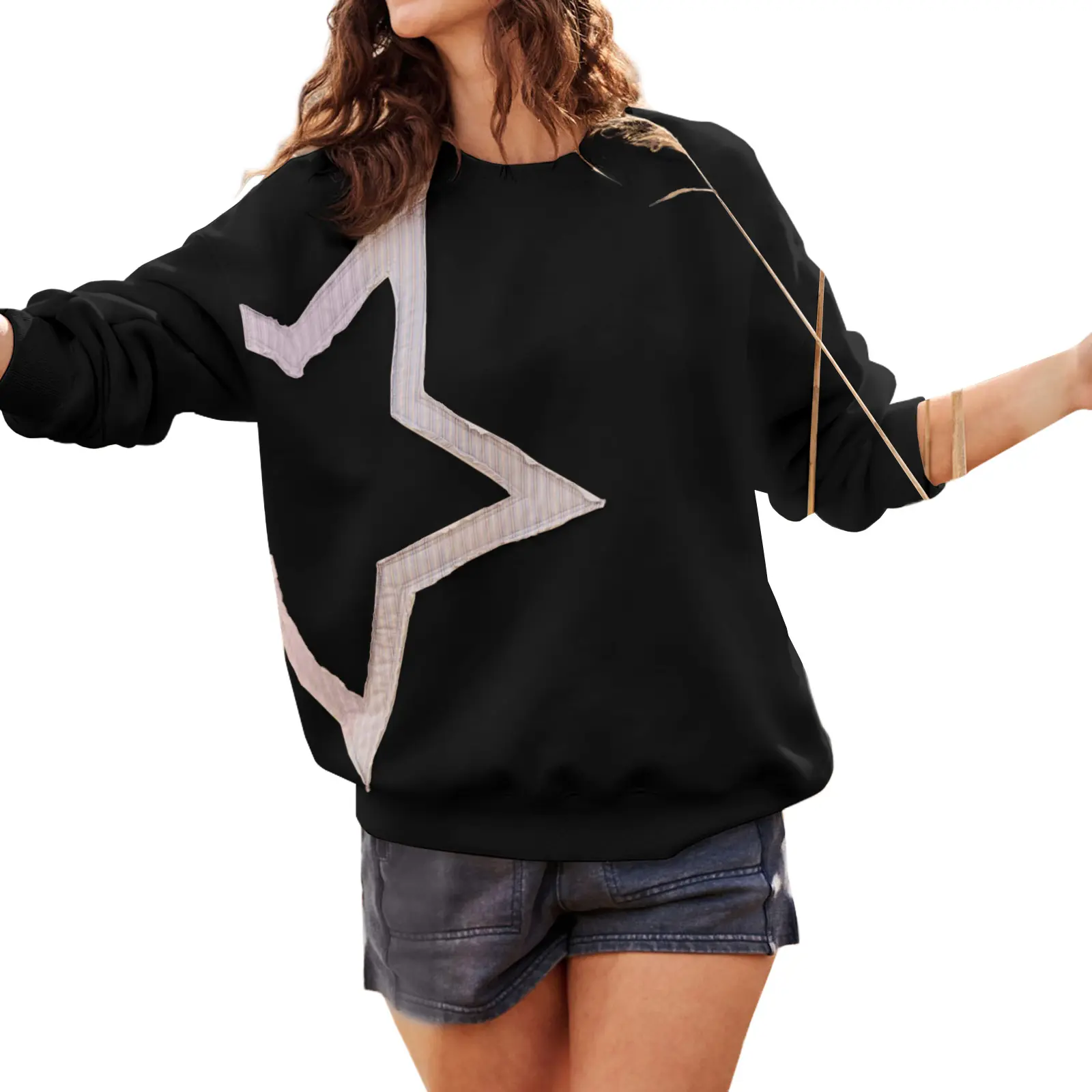 Aleumdr Women’s Oversized Star Patchwork Sweatshirt Casual Long Sleeve Pullover Soft Loose Crewneck Top Womenswear Pullover Sweatshirts