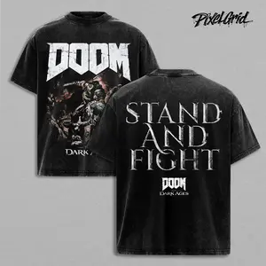DOOM Dark Ages Stand And Fight Graphic Tees, Retro FPS Demon Slayer Game Shirt, Vintage Washed Oversized Heavy Cotton T-Shirt, Unisex Graphic Streetwear Fit, Casual Crewneck Gamer Apparel