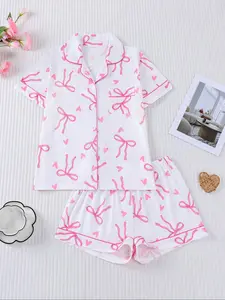 Women's Bow Print Pajama Set, Short Sleeve Button Front Top & Elastic Shorts, Soft Comfortable Sleepwear for Home & Outdoor, Everyday