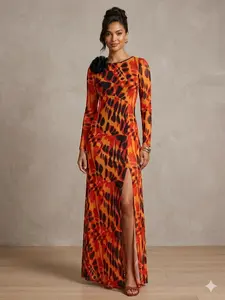 WENRY Women's Printed Long Sleeve Mesh Crew Neck Split Dress with Distinct Pattern for Special Events Formal Womenswear Maxi Party Party