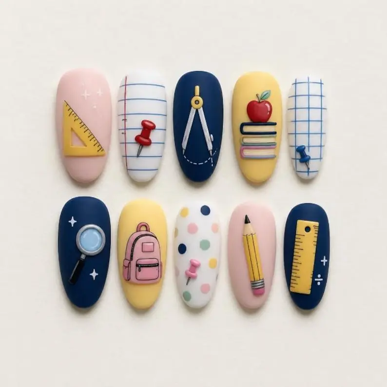 Back to School Press on Nails Cute Teacher Fake Nails Handmade Math Science Glue on Nails Acrylic Gel Nails Gifts for Her