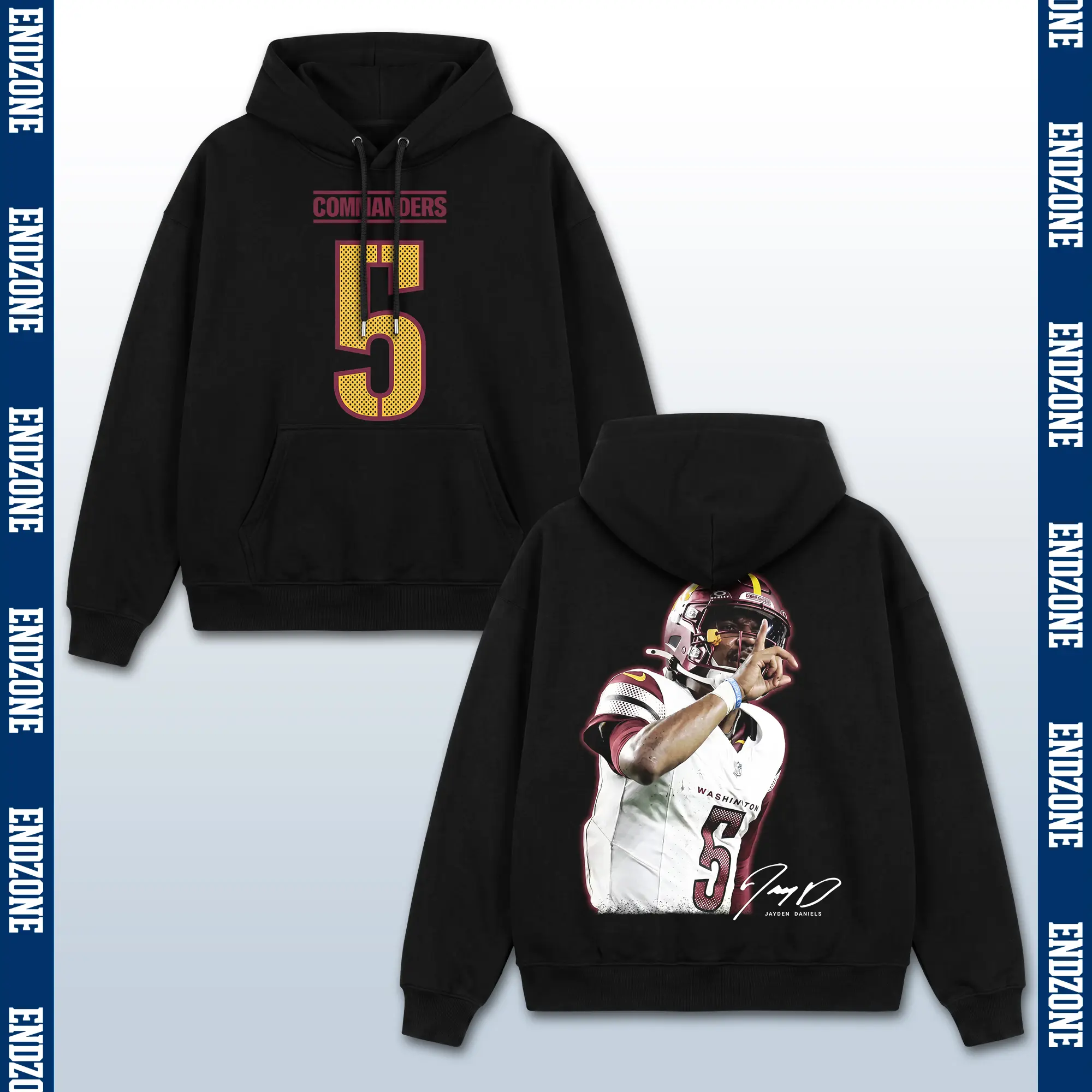 Jayden Daniels Signature 5 T-Shirt Hoodie Sweatshirt, JD5 QB Graphic Apparel, Commanders Football Fan Merch, Burgundy Gold Sports Apparel, Retro Bootleg Game Day Outfit, Pro Football Season Gift, Men Women Heavyweight Oversized Black Vintage Clothing