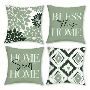 Bohemian Style Sage Floral & Geometric Pattern Decorative Pillowcases, 4 Piece Set Without Pillows, Easy to Clean, All Seasons
