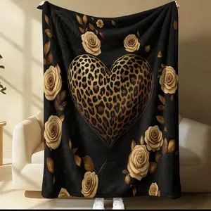 Trendy Y2K Animal Print Flannel Blanket, Leopard Zebra Patchwork Throw Blanket, Black Pink Gold Floral Heart Warm Blanket for Women Teen Girls, Soft Cozy Aesthetic Gift Blanket, For Couch Bed Sofa Travel Office