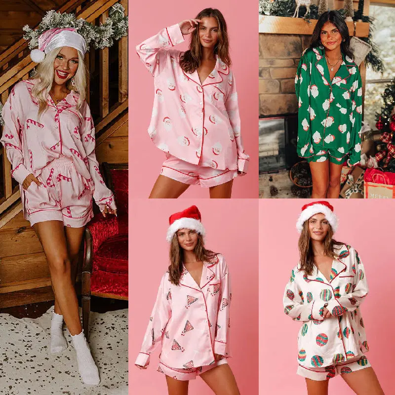 Satin 2-Piece Pajama Set - Candy Cane, Santa, Ornaments, Christmas Tree, Peppermint Martini Pattern