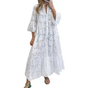 Women's 2026 Lace Eyelet Embroidery Maxi Dress V-Neck Trumpet Sleeve Boho Flowy Swing Dress