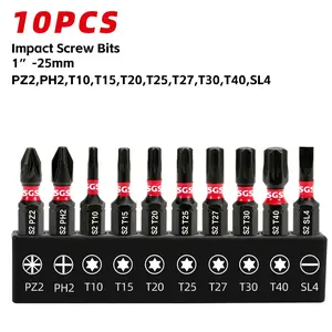 10 Pcs Wear and Impact-Resistant, Non-Slip Magnetic Screwdriver Bits Set (Torx, Slamped, Phillips, Pozidriv), 25mm (PZ2 PH2 T10 T15 T20 T25 T27 T30 40 SL4) with Black Base, 1/4" Shank, S2 Steel for Handicrafts, Woodworking, Office and DIY Use