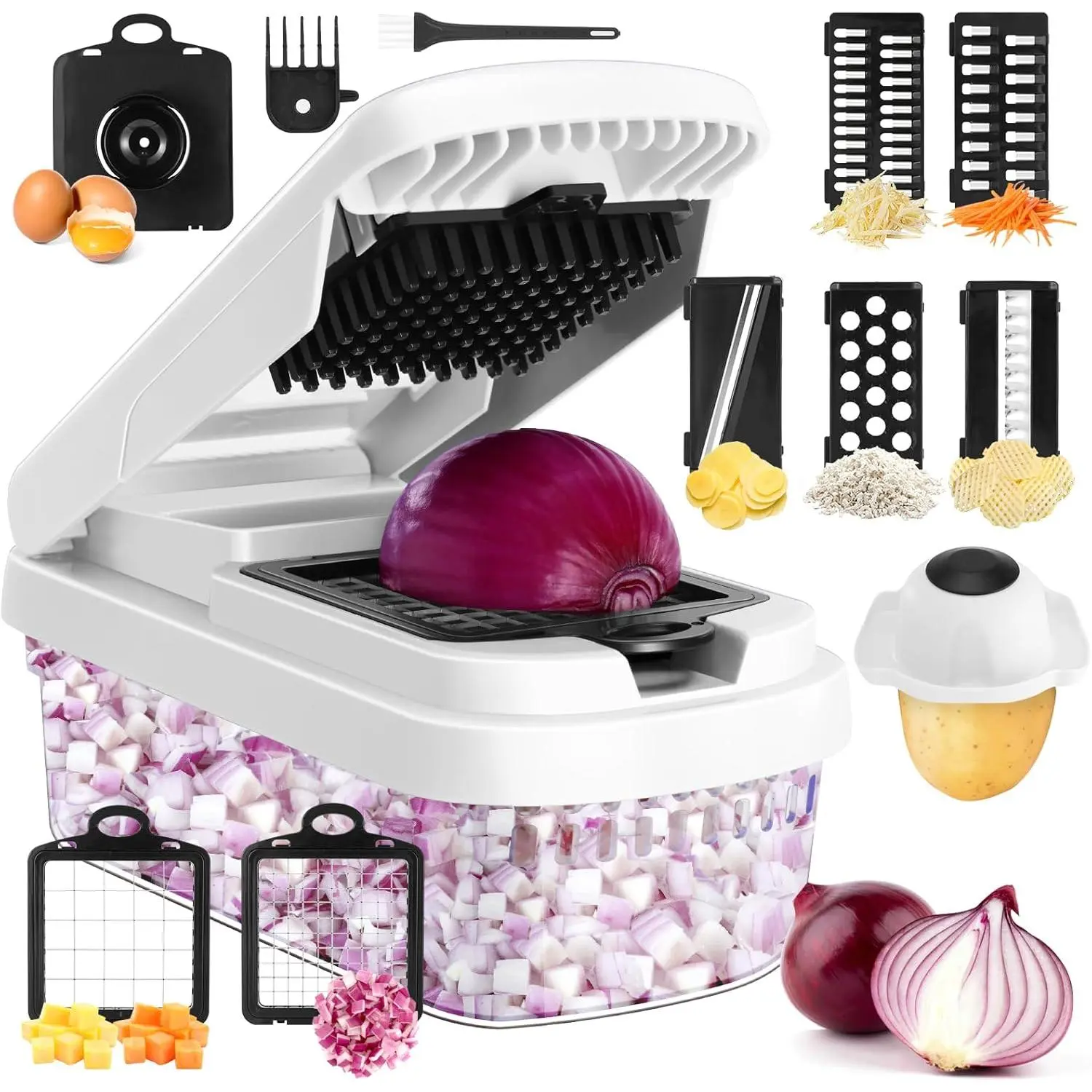 12-in-1 Detachable Vegetable Chopper - Professional Heavy-Duty BPA-Free Compact & Space-Saving ABS Kitchen Gadget for Chopping, Healthy Meal Prep, Snacks, Smooth Cuts with 7 Stainless Steel Blades, Integrated Utensils Basket (White), Herbs
