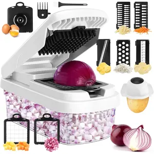 Professional 12-in-1 Vegetable Chopper with 7 Stainless Steel Blades - Multifunctional Food Chopper for Dicing/Slicing Carrots, Potatoes, Onions, Garlic - Heavy Duty, BPA Free Kitchen Gadget (White) Utensils Basket