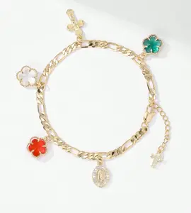 Betsy's Boutique Gold Plated 14K Chain Bracelet with Cruz & Virgen Maria Charms, Elegant Daily Wear Jewelry