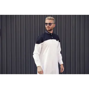 Black and White Polo Thobe - Elegant Designer Muslim Wear from London
