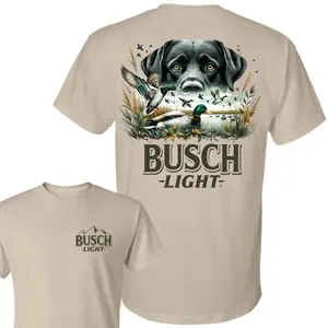 Busch Light Duck Hunting Dog Graphic T-Shirt, Features Black Labrador Retriever With Flying Mallard Ducks And Large Busch Light Text On Back With Small Mountain Logo On Chest, Beer Brand Waterfowl Theme Unisex Casual Tee, Outdoor Apparel Gift For Hunters