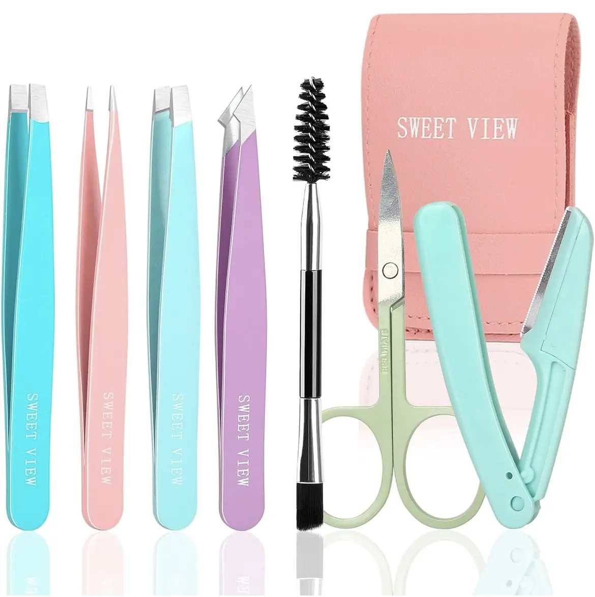 7pcs Eyebrow Tweezers Kit for Women Precision Plucker with Brow Scissors & Razor & Spoolie for Facial, Chin, Brow, Splinter and Ingrown Hair