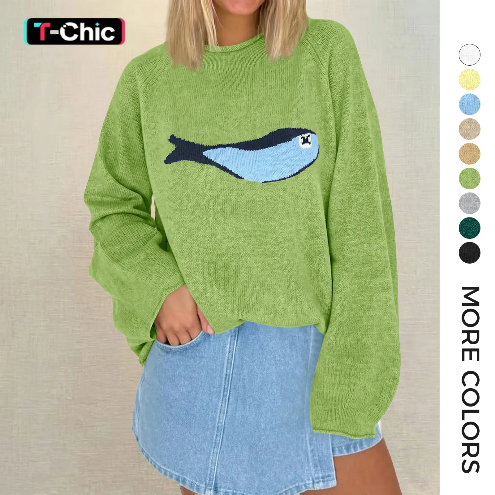 TANKANEO Women's Oversized Fish Print Sweater, Casual Baggy Long Sleeve Roll Neck Chunky Knit Pullover
