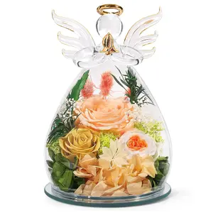 FIACO Real Preserved Colorful Roses Forever Flower in Glass Angel Figurine, Elegant Birthday Mother'S Day Gifts for Mom Wife Sister Grandma Daughter
