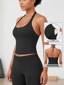 Women's Solid Removable Chest Pad Sports Tank Top, Casual Comfort and Durability Halter Neck Sports Top for Yoga Gym Workout, Ladies Sportswear for All Seasons, Backless Sports Vest