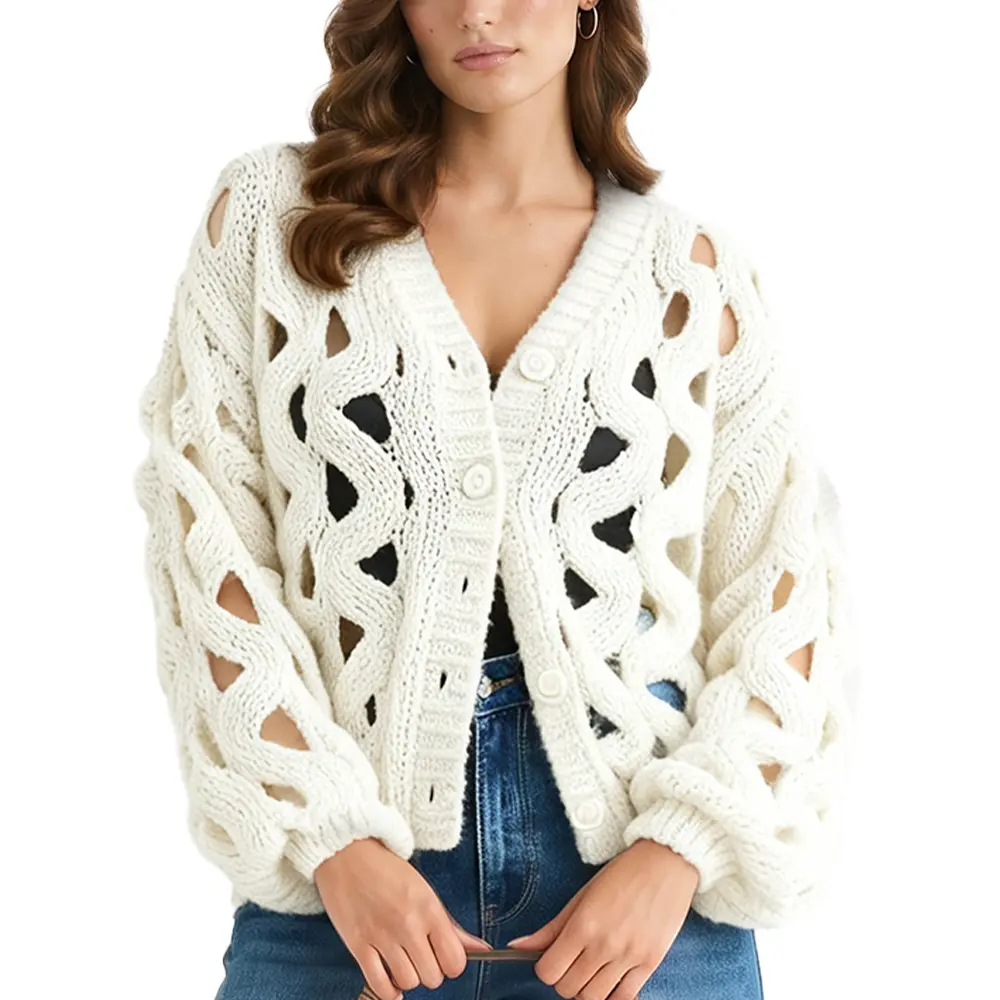 Arssm Crochet Cardigan Sweaters for Women Hollow Out Sweater| V Neck, Long Sleeve, Button Down, 2026 Summer Fall, Chunky Knit Sweater, Oversized Cover Up