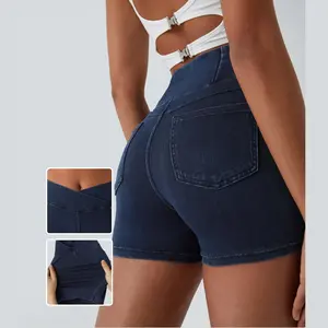 Halara Flex High Waisted Crossover Back Side Pocket Stretchy Knit Denim Casual Shorts 3"