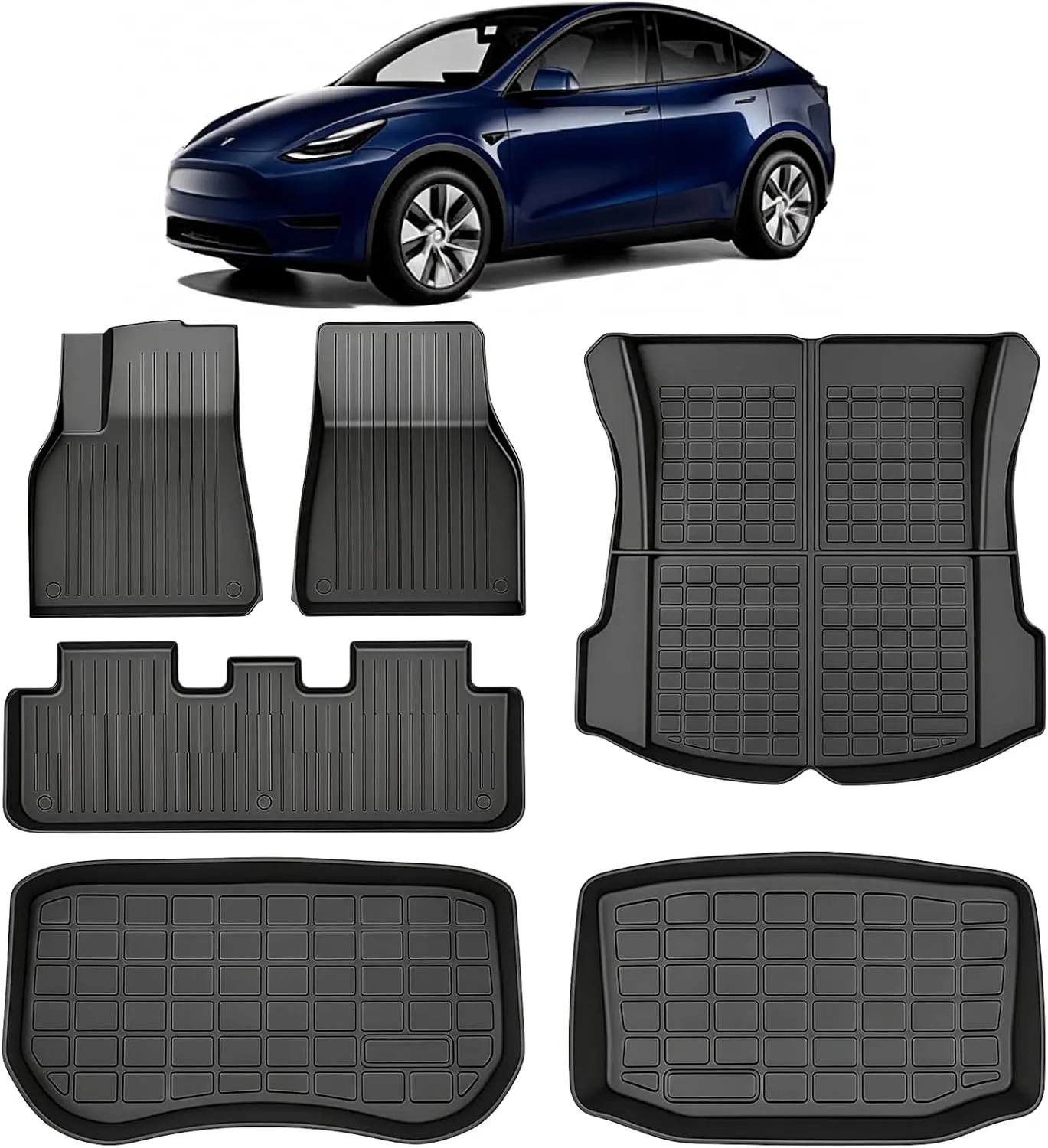 6 PCS Floor Mats for 2021-2025 (Not for Juniper) Tesla Model Y Accessories - All-Weather TPE Custom Liners, Full Set with Frunk, Trunk & Sub-Trunk Mats, Anti-Slip 5-Seater Interior Protection
