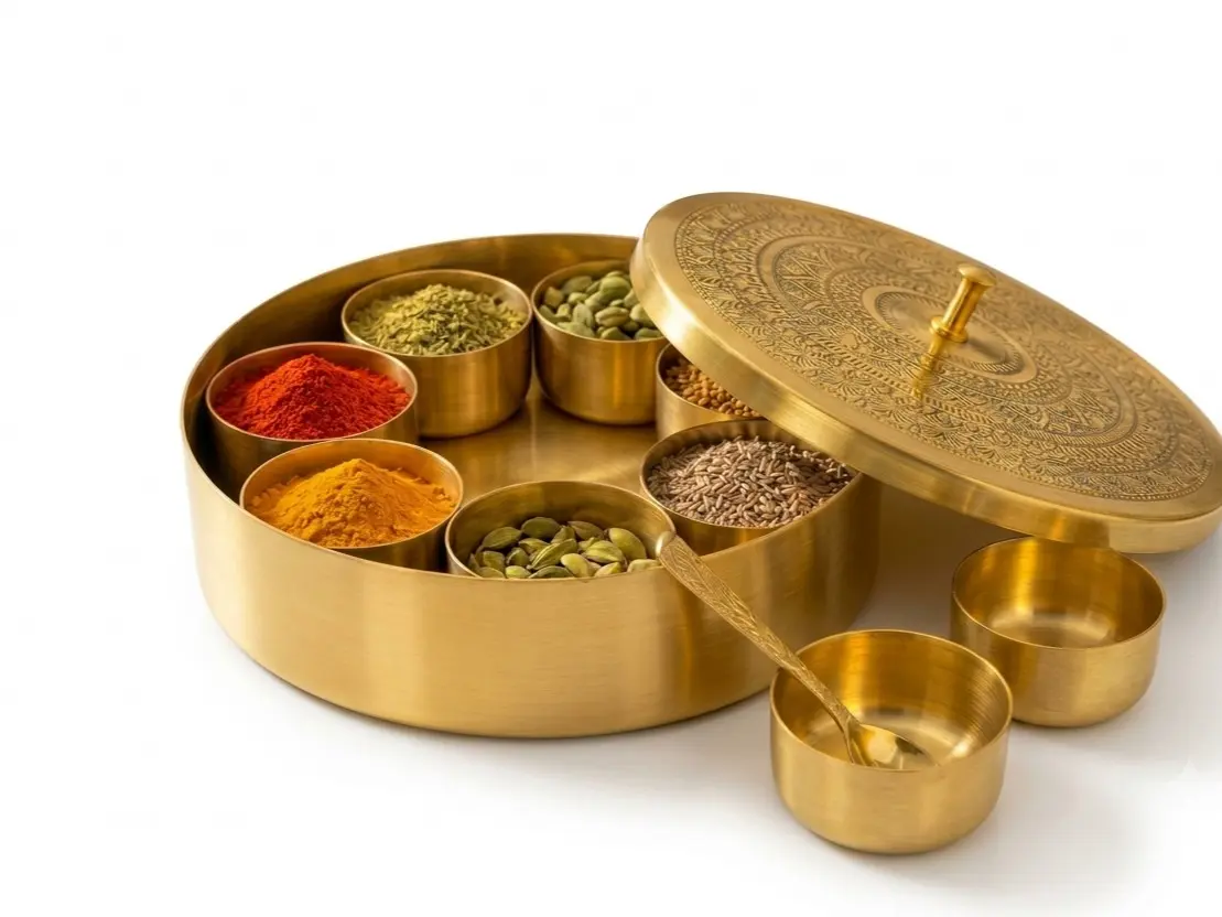 Handcrafted Brass Masala Box with 7 Compartments,Spice Storage Container with Engraved Lid