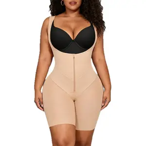 Plus Size Fajas Colombianas Moldeadoras, Zipper-Front Butt Lifting & Tummy Control Shapewear, Open Bust Mid-Thigh Body Shaper for Formal Events & Everyday Layering