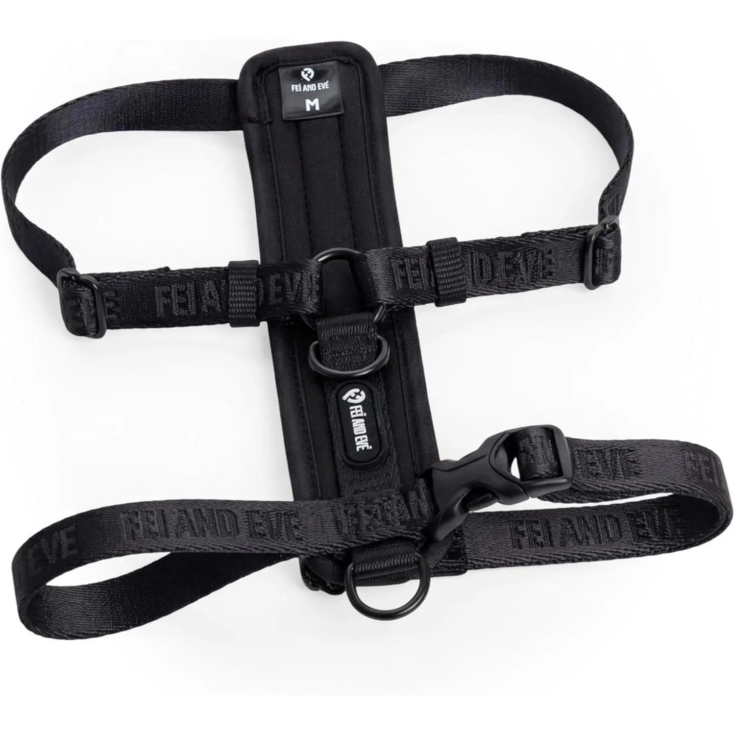 Fei & Eve Moxie H-Shape Dog Harness| Ultra-Lightweight| 3-Leash System for No-Pull Control| Easy On-Off| Adjustable 210D Breathable Nylon| Soft Padded Lining, Black, M