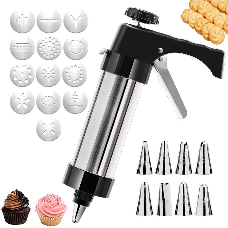 Stainless Steel Cookies Press,Cookie Press Gun Kit with 13 Cookie Discs and 8 Piping Tips for Baking & DIY Pastries Cake Dessert Making and Giving Gifts