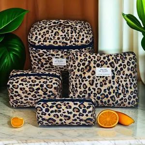 4pcs Leopard Print Makeup Bag Set, Dual-Layer Zipper Large Capacity Stitched Storage Pouch, Travel Handbag for Toiletries & Pens
