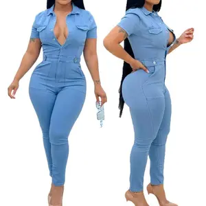 One-piece women's denim jumpsuit, lapel collar full sleeves bodysuit tights, sexy slim high waist rompers women overalls Blue Chic