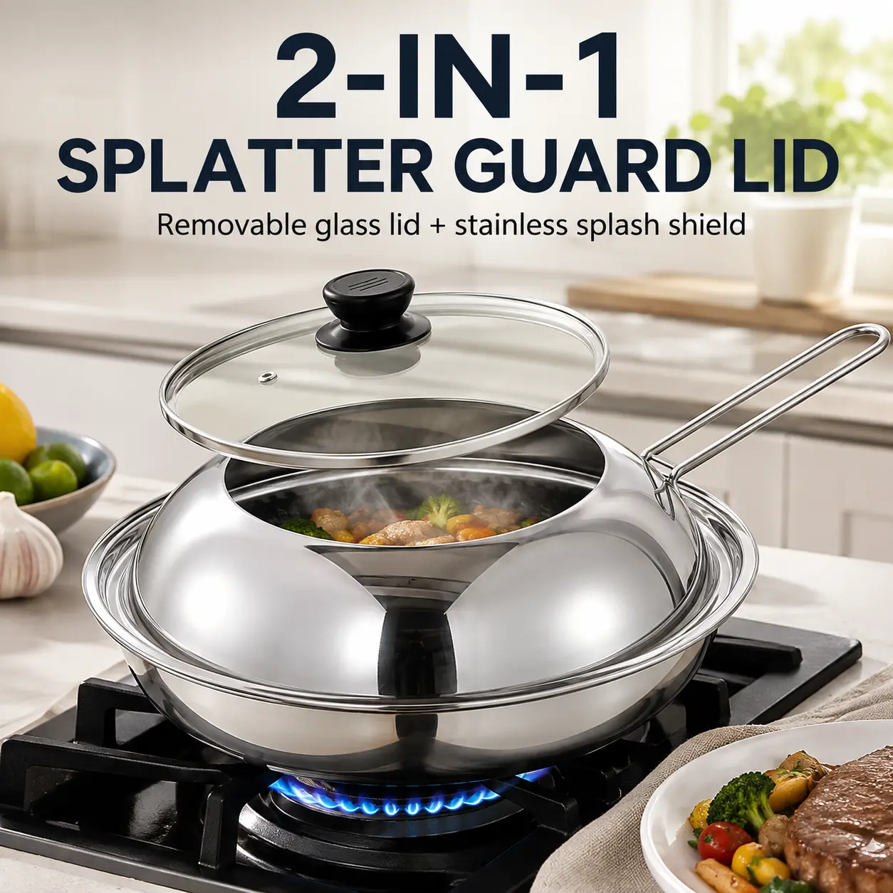 Universal Stainless Steel Splatter Guard Lid with Clear Tempered Glass Top – Multi-Fit Oil Splash Cover for Woks & Skillets with Long Heat-Resistant Handle & Hanging Loop