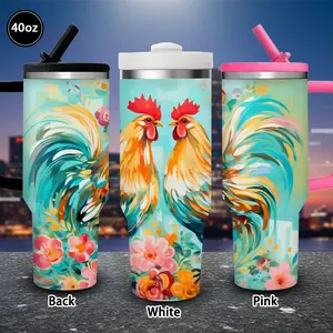 1 pc 40 oz colorful rooster floral tumbler with lid and straw, winter insulated travel mug, gift for women and men, ideal for Valentine’s Day, Easter, birthday gifts, iced/hot coffee cup
