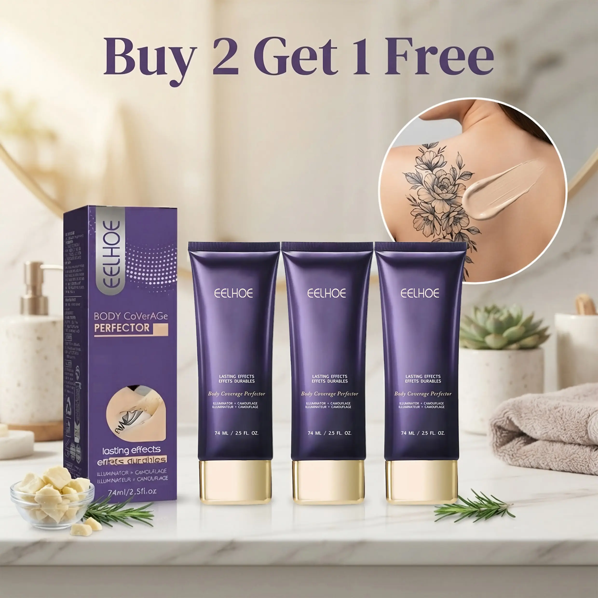 EELHOE 3 Pack Body Coverage Perfector 2.5 FL OZ (Buy 2 Get 1 Free), Lightweight Blendable Full Body Concealer, Long-Lasting Camouflage Makeup to Cover Tattoos, Scars, Dark Spots & Varicose Veins