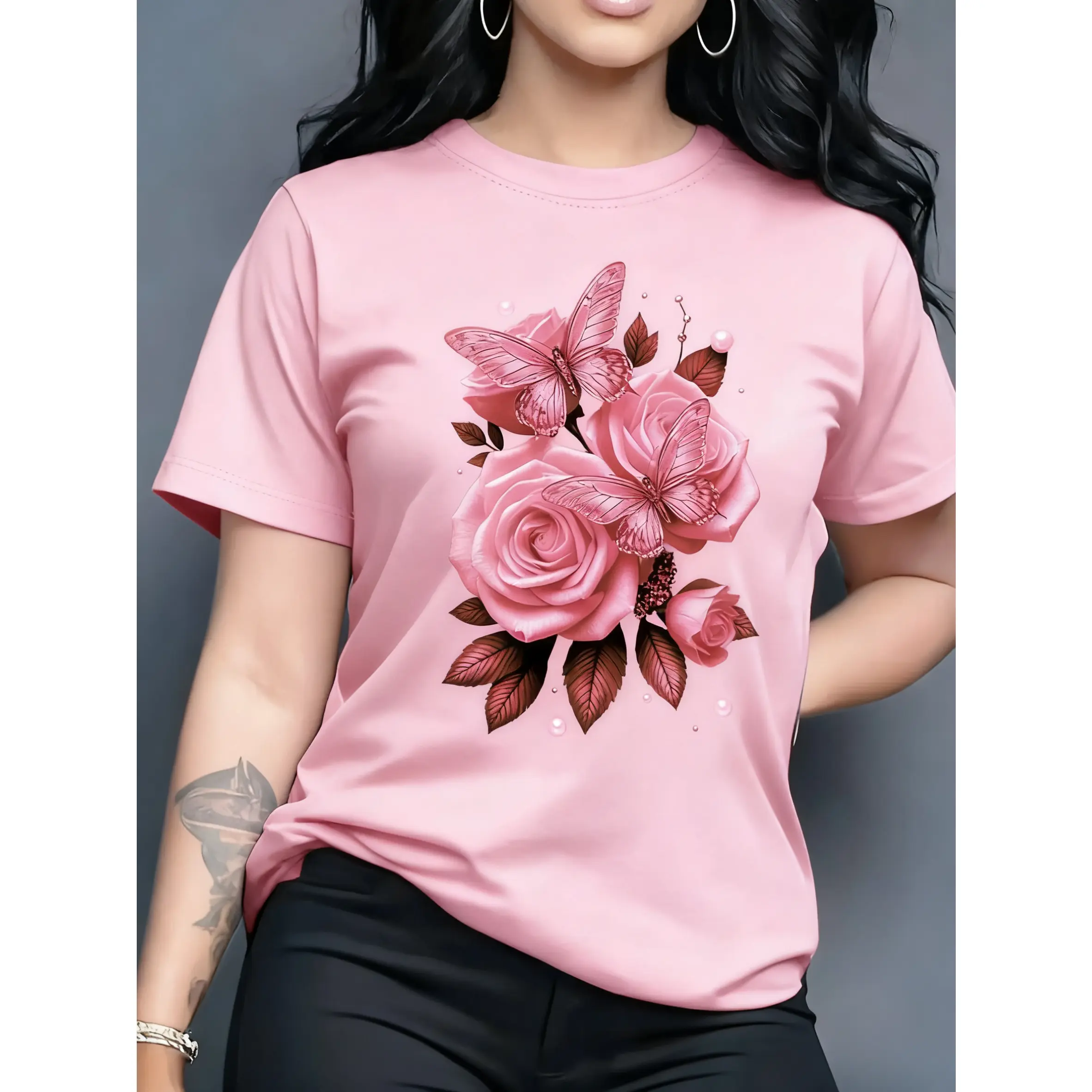 Women's Rose Butterfly Printed T-Shirt, Casual Short Sleeve Top in 100% Cotton Fabric with a Classic Fit for Daily Outfits, Shortsleeve, Tshirt, Smooth, Oversized, Floral, Graphic, All Seasons, Basic, Comfy Casual, Short Sleeves, Do Not Bleach, Loose Fit