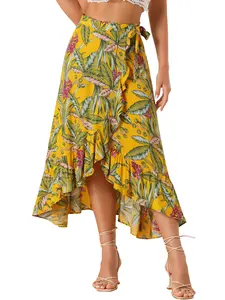 INSPIRE CHIC Tropical Floral Print Ruffle Self Tie Knot Split Beach Wrap Skirt Yellow