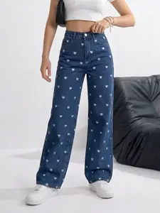 Women's Elastic Washed Wide Leg Jeans, Heart Print, Mid Waist, Ankle Length, Casual All Season, Fashionable Denim Jeans