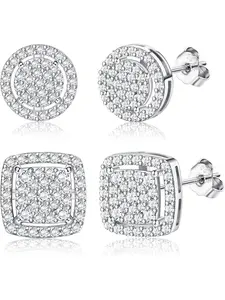 for Men Sterling Silver Men's Earrings Black/Silver/Gold Earrings for Men Iced Out Earrings Halo Square Earrings Mens Stud Earrings Set